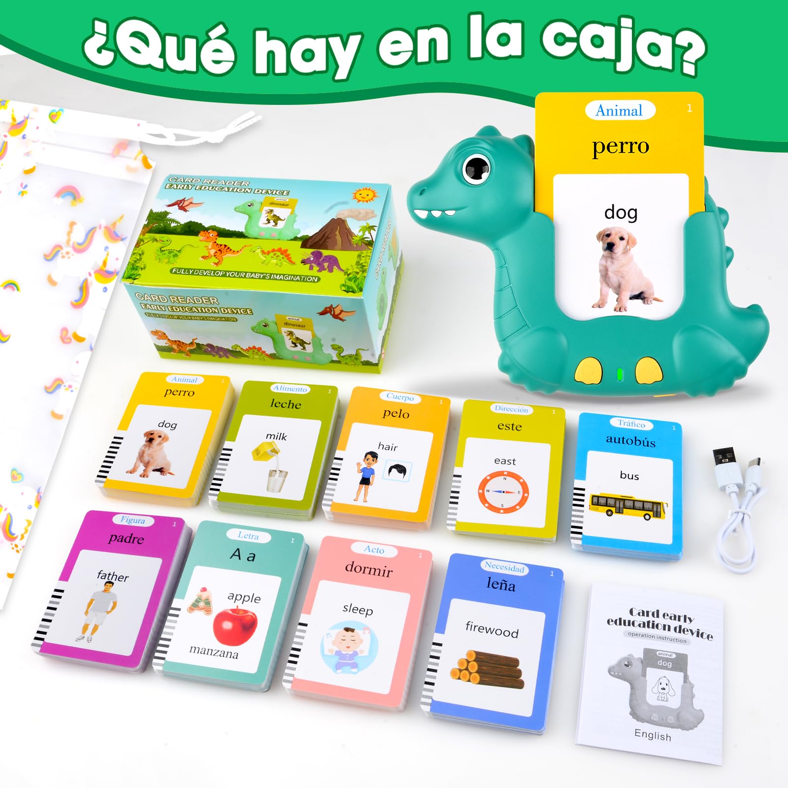 510 Palabras Juguetes niños 2 años, Tarjetas parlantes español para niños de 2 a 6 años, Juguetes educativos 2 años, Juguetes Educativas Audibles Verde (Español/Inglés/Bilingüe)