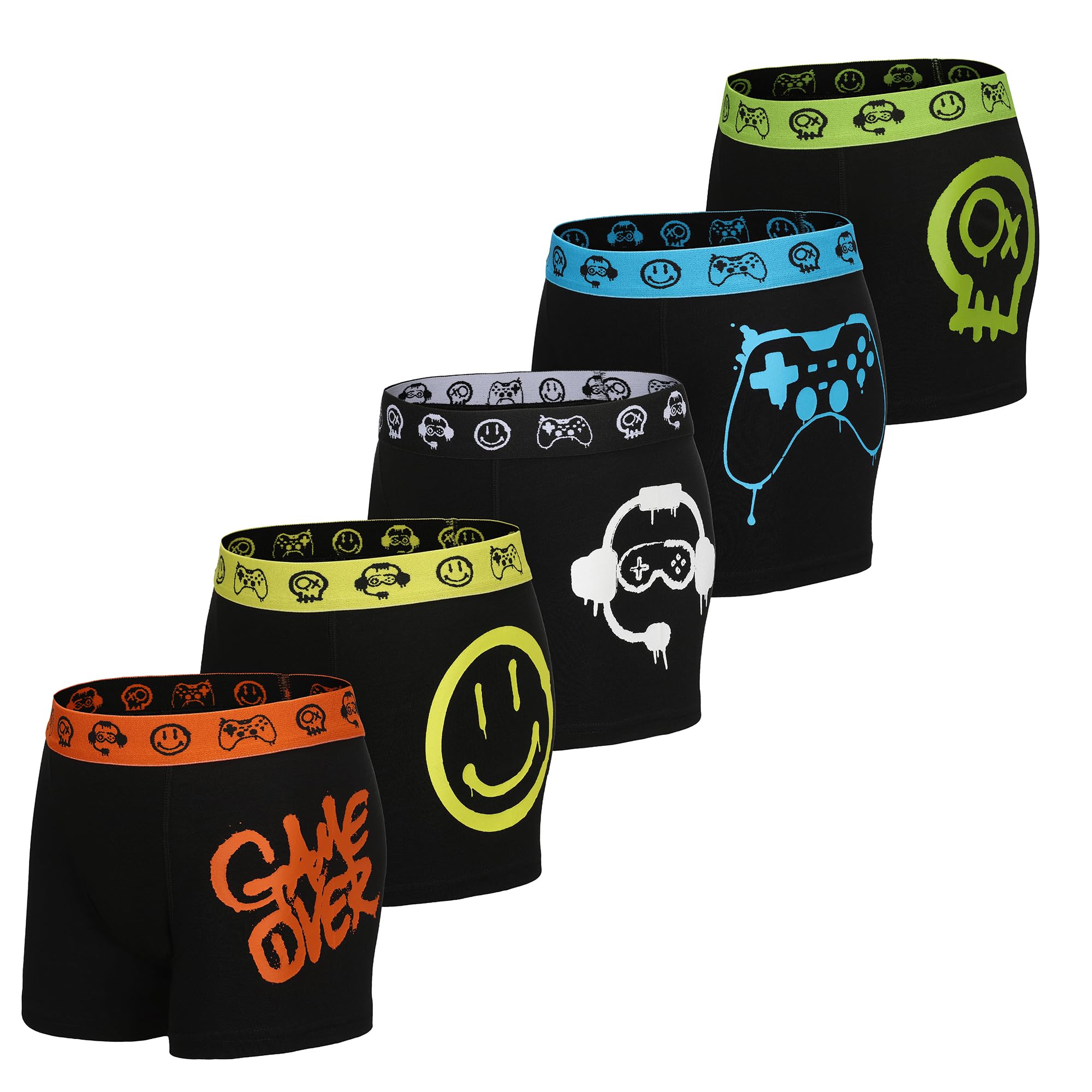 The Essentials Wardrobe Jungen 5er-Pack Boxershorts Trunks Weiche Atmungsaktive Unterwäsche mit 4-Wege-Elastan-Stretch Camouflage Gaming Design Bunt Größe 6–13 Jahre
