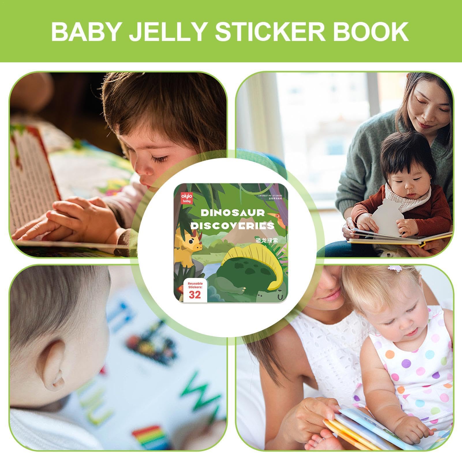 Stickers Bambini Attacca Stacca, Confezione da 4 Libri Adesivi Riutilizzabili, Riutilizzabile Stickers Dinosauro, Veicolo, Oceano, Animali Selvatici Adesivi Bambini, Regali di Compleanno