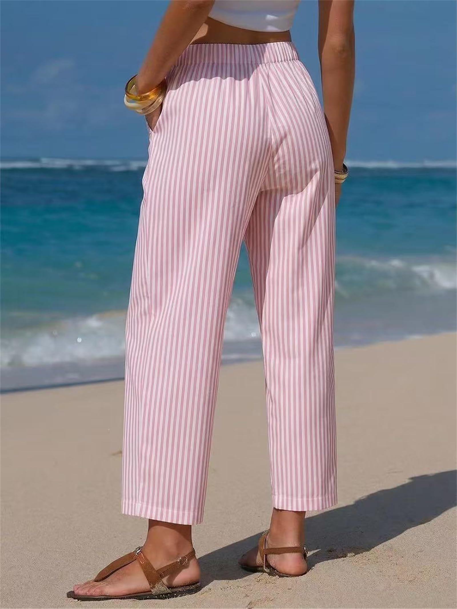 Pantaloni a barilotto da Donna a Righe in Simil Lino, Comodi e Estivi, con Coulisse e Tasche, Perfetti per la Spiaggia, Le Vacanze e Il Relax