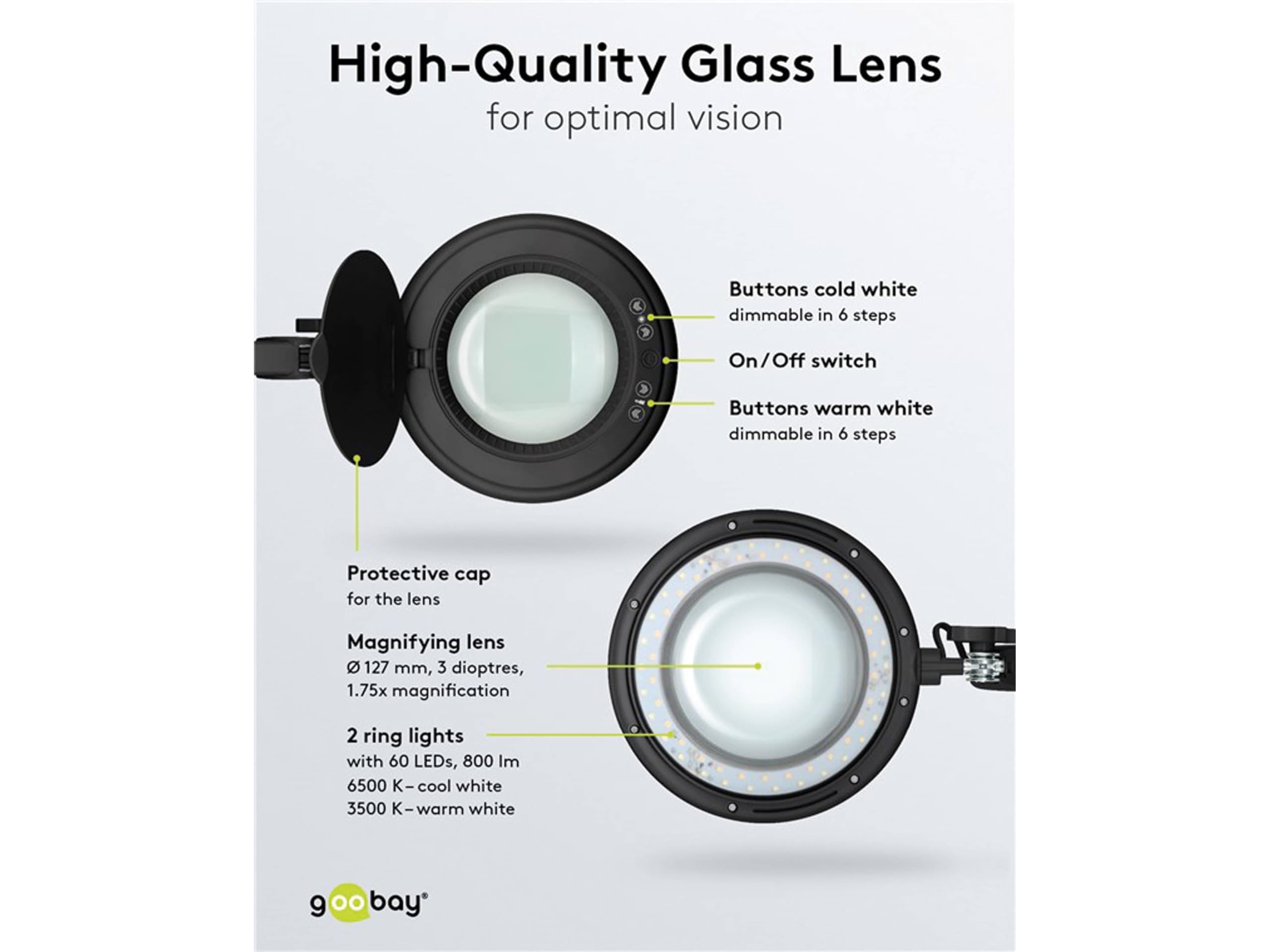 goobay 64986 Lámpara aumento LED 10W 800lm/ pinza/lente cristal 127mm 1,75 aumentos/lupa trabajo cosmética, soldadura, manualidades, leer/brazo articulado/lámpara sobremesa