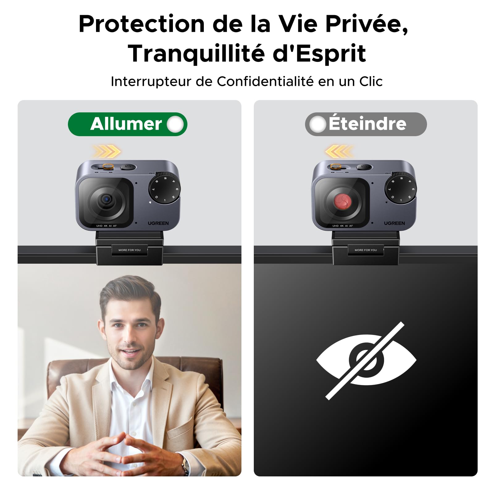 UGREEN FineCam Pro 4K Webcam 30FPS PC Capteur 1/2" AI Contrôle Gestuel | 7 Filtres 2 Micros AI Antibruit Correction Lumière PDAF Autofocus pour Windows MacOS Linux Streaming Teams Youtube Skype