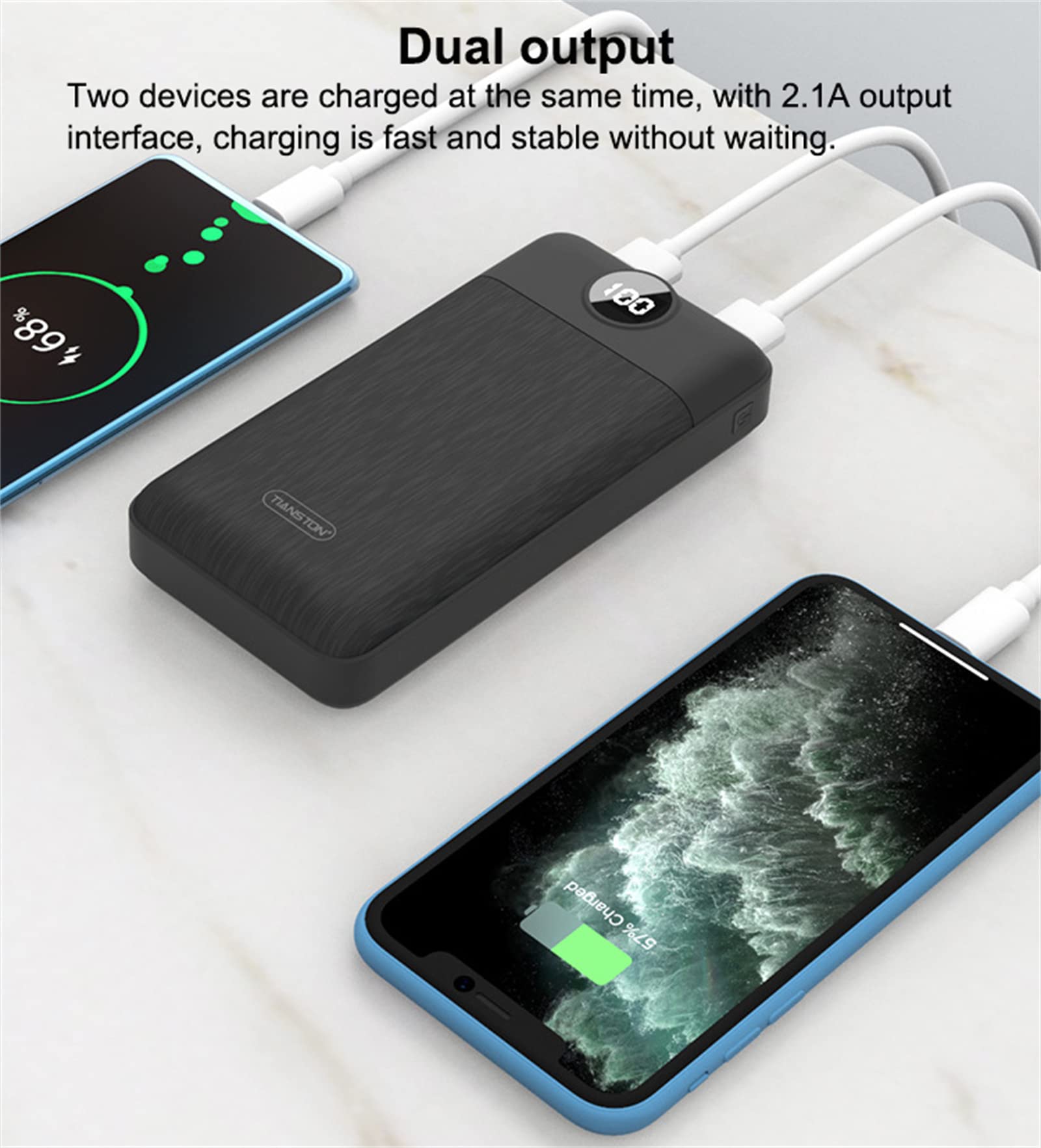 Power Bank - Cargador portátil de 20.000 mAh, batería de polímero de litio, batería externa con doble salida y doble entrada, para teléfonos y tabletas, color blanco