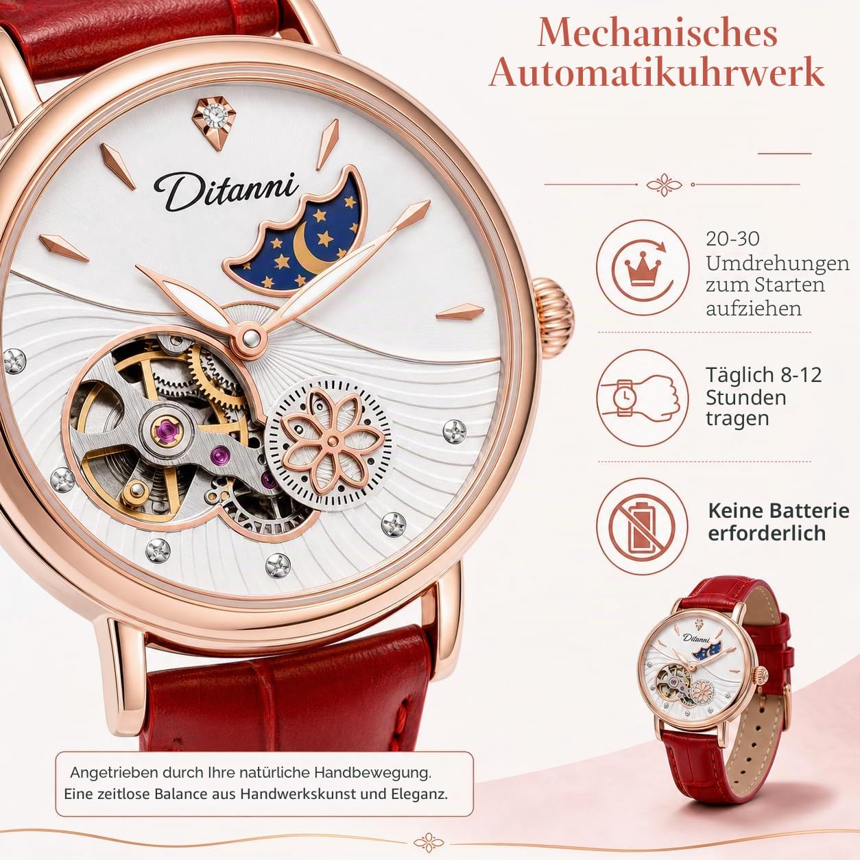 Luxuriöse automatische mechanische Damenuhren, Edelstahl, Skelett, Mondphase, Zifferblatt, selbstaufziehendes Lederband, wasserdicht, Damenarmbanduhr
