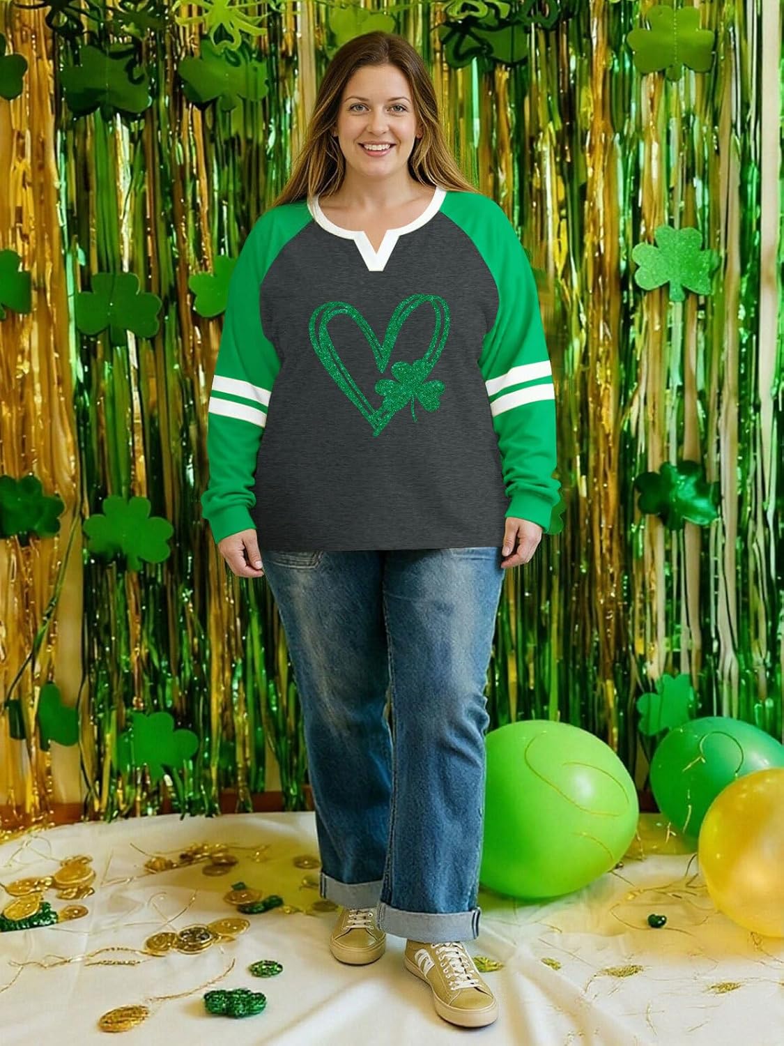 Plus Size St Patricks Day Shirt Women Long Sleeve Irish Shamrock Shirts St Pattys Day V Neck Raglan Tops 2XL-5XL - Image 7