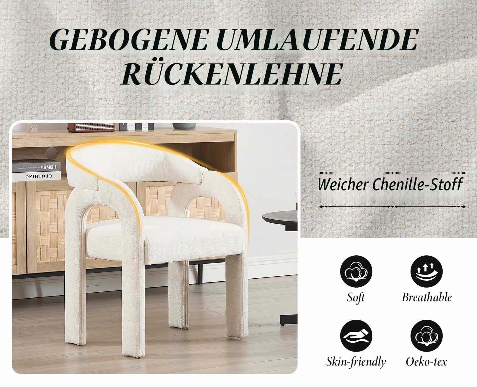 Ya-Home Esszimmerstühle 2er Set, gepolsterter Küchenstühle mit Curved Back Nordic Armlehnstuhl aus Chenille Loungesessel für Esszimmer/Wohnzimmer/Küche, Weiß