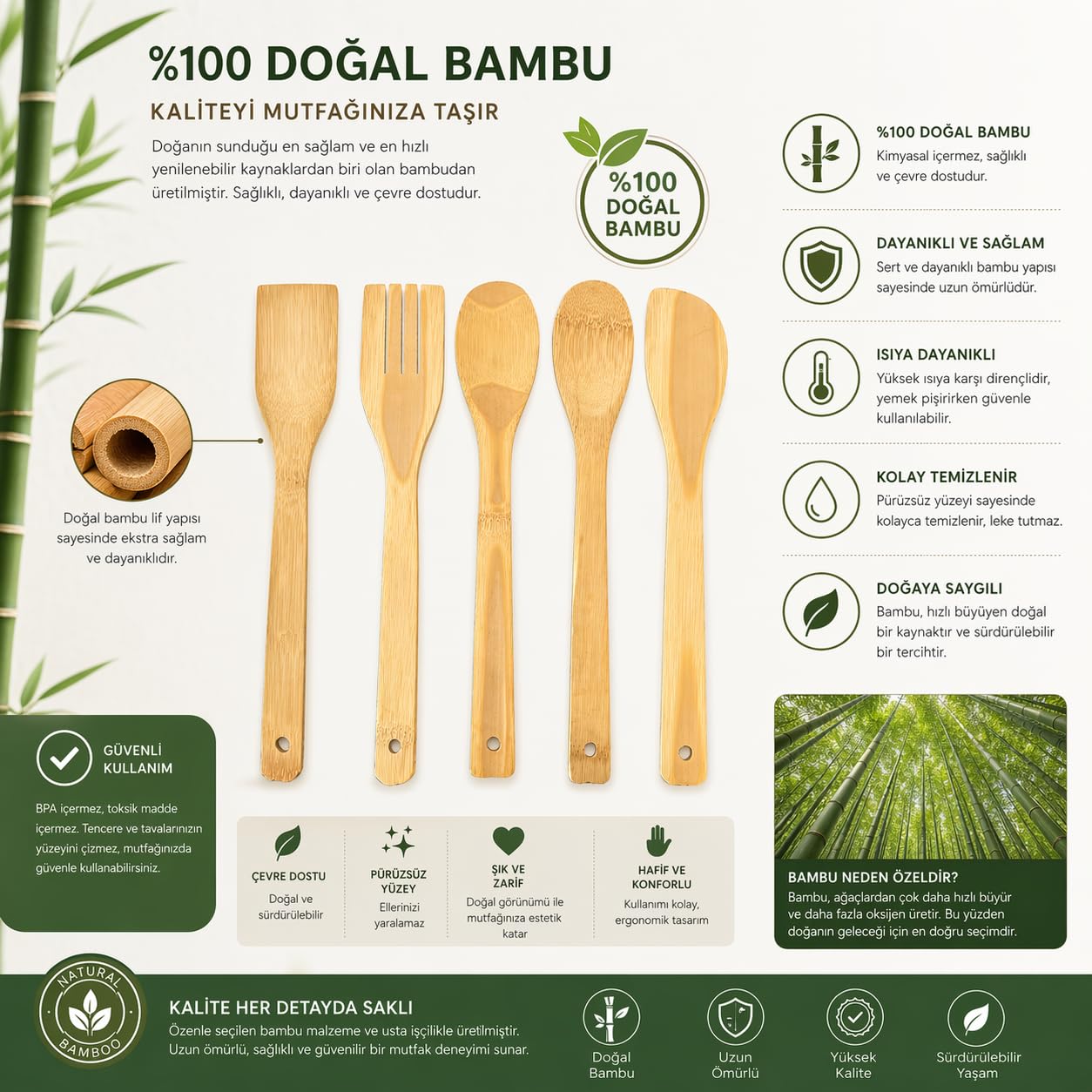 5 Parça Bambu Mutfak Kaşık Seti –%100 Doğal, Çizilmeye Karşı Korumalı, Isıya Dayanıklı, Hafif, Ergonomik, Tencere ve Tavalar ile Uyumlu, Sağlıklı ve Çevre Dostu Premium Set