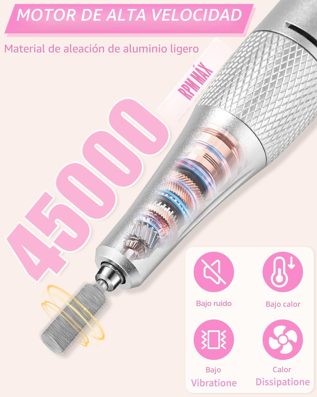 Torno para Uñas Profesional 45000 RPM,Torno de Uñas Inalambrico Pulidor Lima Electrica Uñas Portatil para Semipermanentes Acrilicas Manicura y Pedicura, Baja Vibración, Salón DIY
