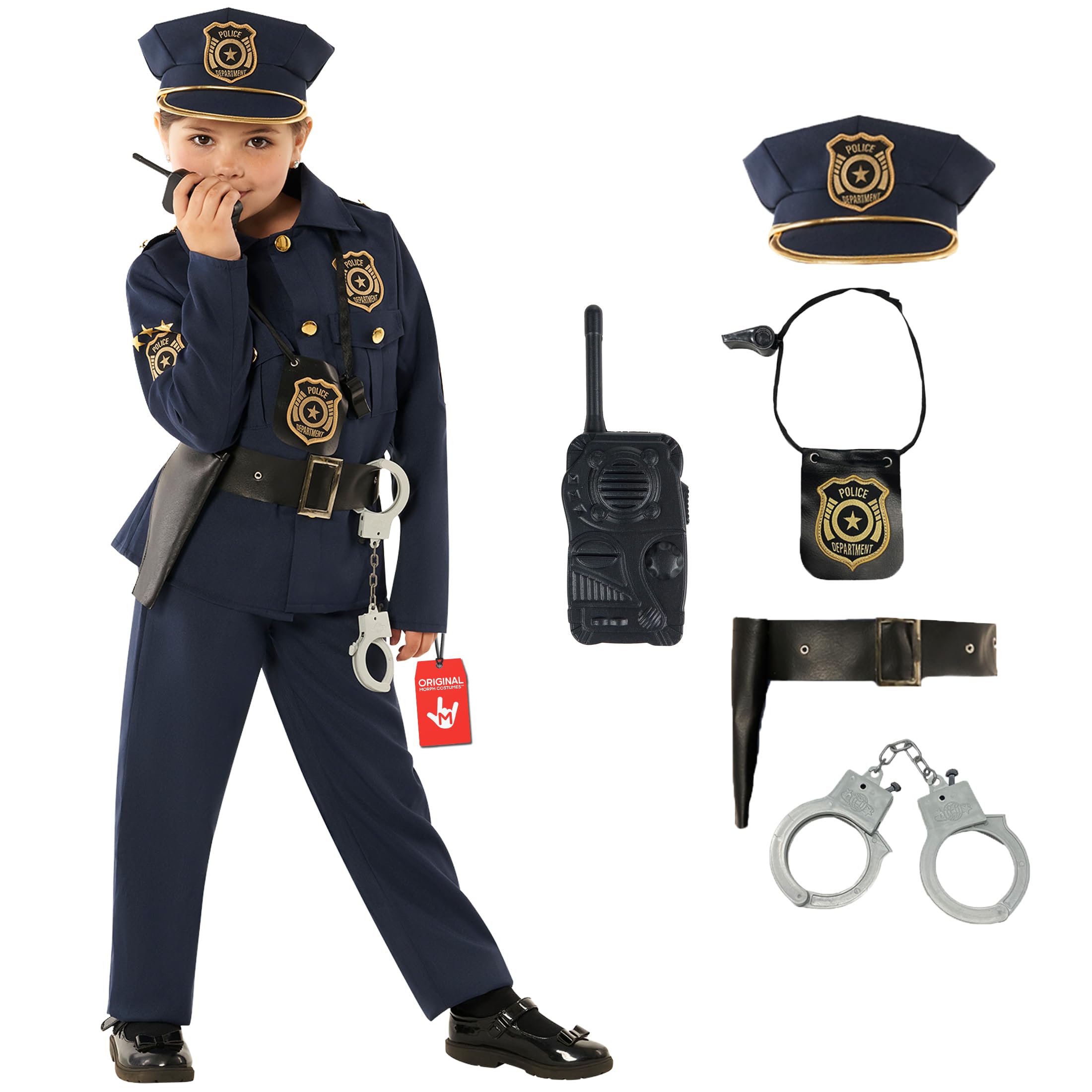 Morph Disfraz Policia Niña, Disfraz de Agente Halloween Niña | Camisa, Pantalón, Gorro & Accesorios de Juguete, Estilo Policía, Perfecto para Halloween, Ideal para Juegos de Rol