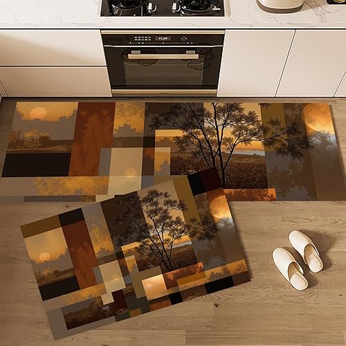 Miniatura 4 de Retro Sunset Forest Kitchen Mats, Abstract Geometry Kitchen Rugs Set of 2, Rust Brown Washable Floor Carpet, Xmas Decor Mats for Hallways Bathroom