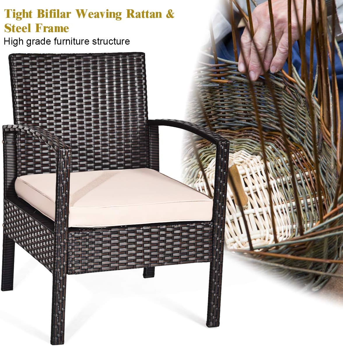 4 Pieces Patio Furniture Set, Wicker Conversation Set with Water-Resistant Cushion & Tempered Glass Table, Porch Deck Furniture Outdoor Rattan Chair for Backyard, Balcony(Beige)