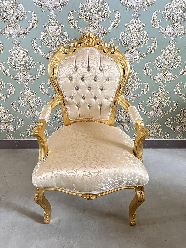 Fauteuil French Louis Style en beige brillant, style baroque, rococo antique, reproduction de la chaise en finition dorée pour la décoration de la maison ou de la boutique