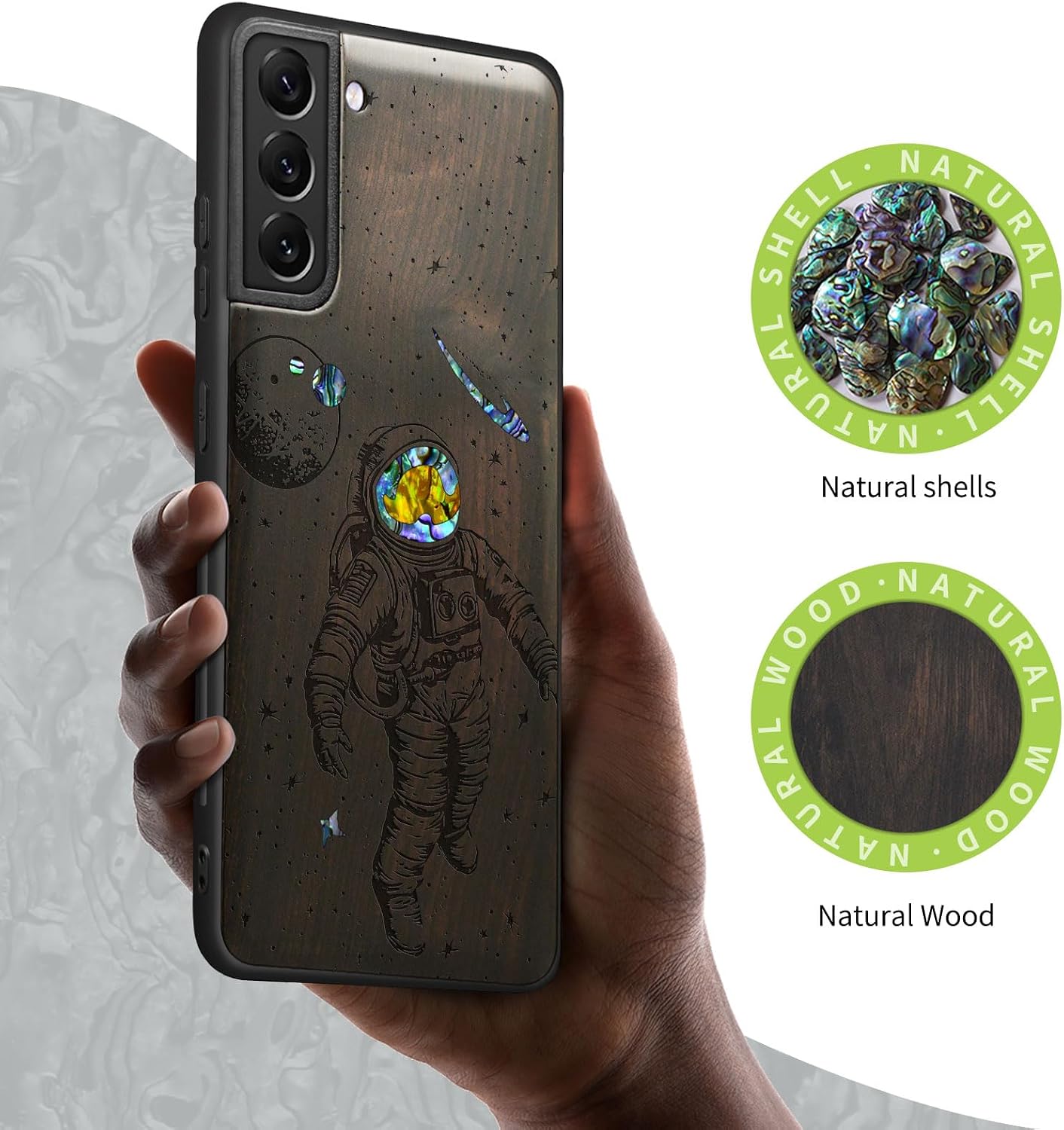 Carveit Designer Wooden Cover for Samsung Galaxy S22 Plus Case [Wood Engraving & Shell Inlay] Compatible with Wireless Chargers Galaxy S22 Plus (Cosmic Wanderer-Blackwood)