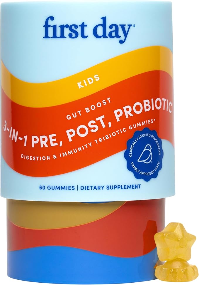 FIRST DAY Kids 3-in-1 Probiotic Gummies – Prebiotic + Probiotic + Postbiotic Sup