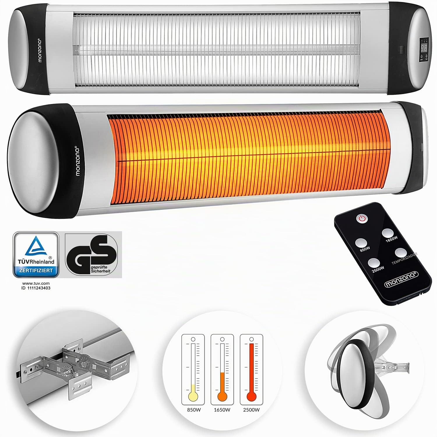 MONZANA® Calefactor por Infrarrojos Exterior Terraza 2500W 3 Temperaturas Estufa Mando a Distancia Temporizador