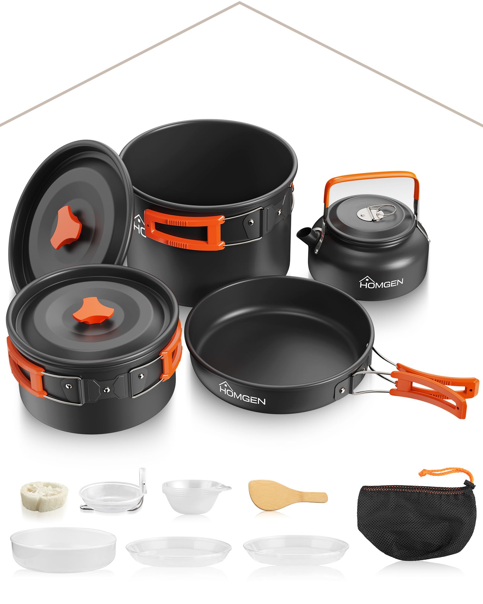 HOMGEN Camping Kochgeschirr Set für 4–5 Personen, Aluminium Camping Topfset mit Töpfe Wasserkessel, Teller, Schalen, Outdoor Kochset für Camping, Wandern, Picknick, Backpacking, Angeln