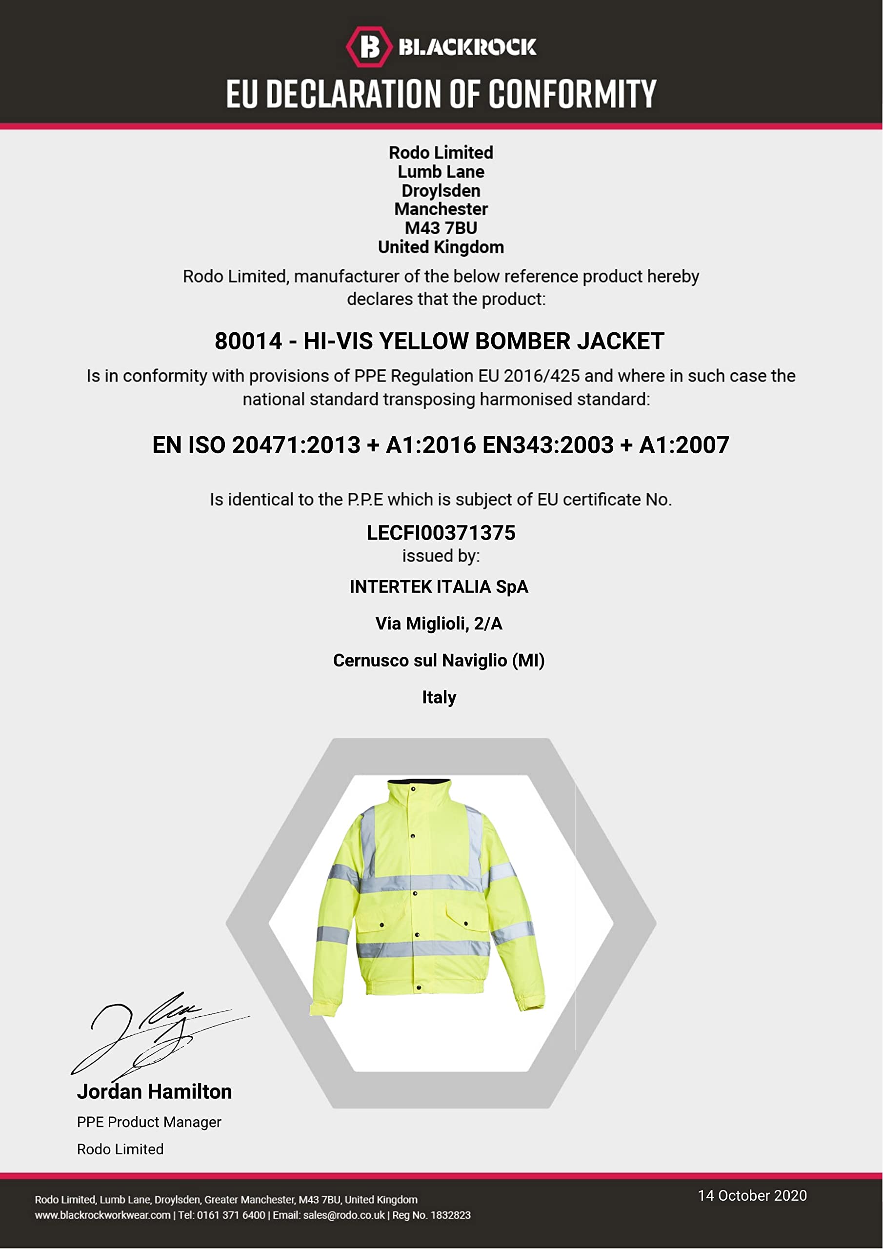 Blackrock Herren Hi-vis Bomber Baratec Bomberjacke für Herren, hohe Sichtbarkeit, Gelb, Größe 5XL (1er Pack)