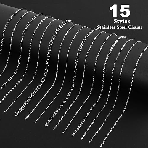 Miniatura 2 de Cadenas de collar para hacer joyas, 111.5 pies, 15 rollos de cadenas de joyería de acero inoxidable para bricolaje, collares, pulseras, accesorios