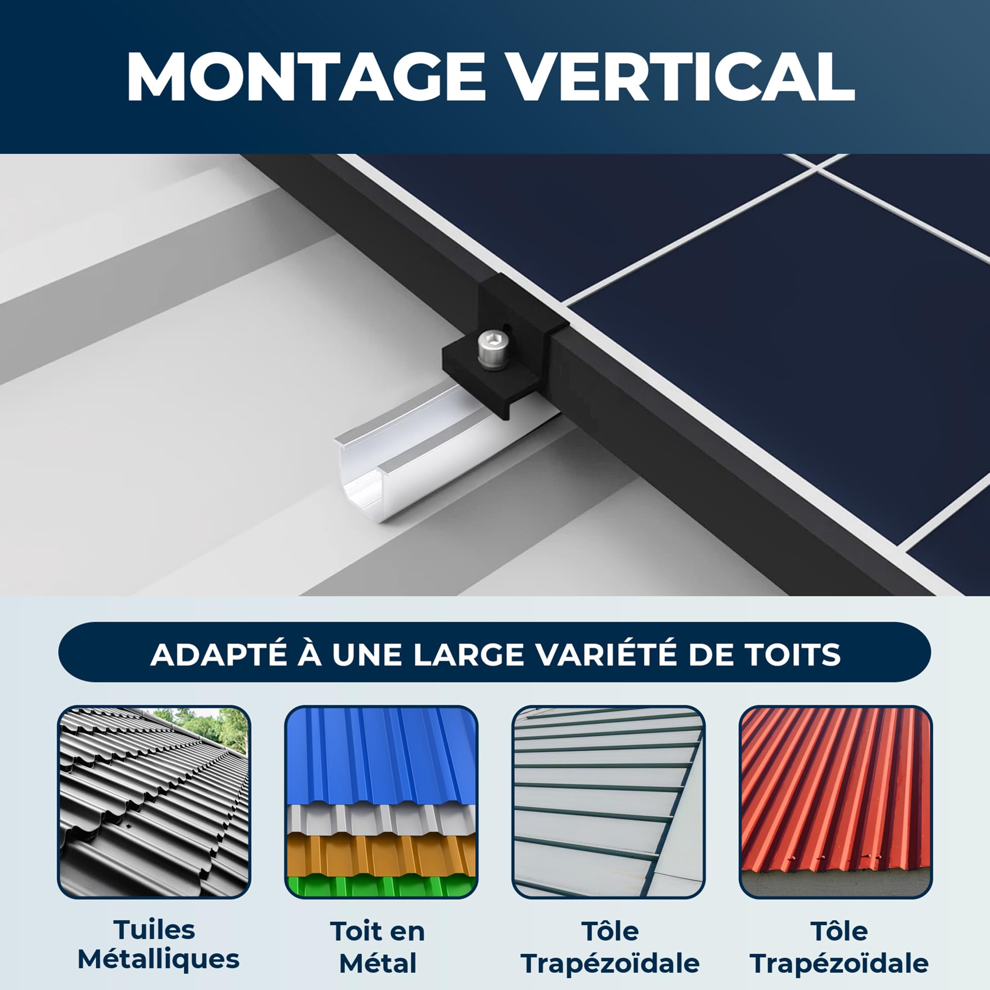 Kit de Montage pour Panneau Solaire - Rails de 12 cm, Support Réglable en Aluminium pour Toit en Métal ou Plat, Noir, pour Panneaux Épais 30-35 mm