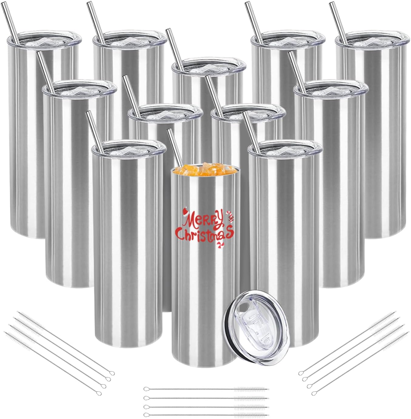 12 Pack Stainless Steel Skinny Tumblers, 20oz Bulk Straight Double Wall Insulated Tumbler with Lid and Straw for Travel, DIY, Silver 12 Pack Stainless Steel Skinny Tumblers, 20oz Bulk Straight Double Wall Insulated Tumbler with Lid and Straw for Travel, DIY, Silver
