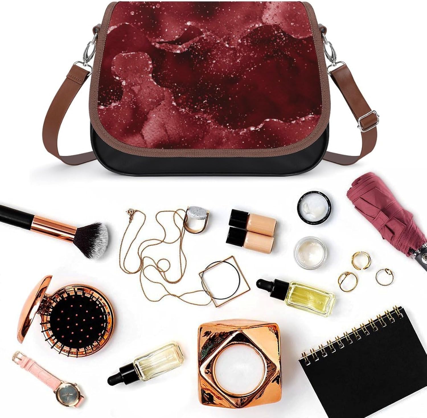 Moody Crimson Agate Dark Blood Red Jewel ToneWomen's Faux Leather Crossbody Bag, Waterproof Wrinkle-Resistant Shoulder Bag with Detachable Strap, Large Capacity Casual Handbag, Fashion Daily Purse for