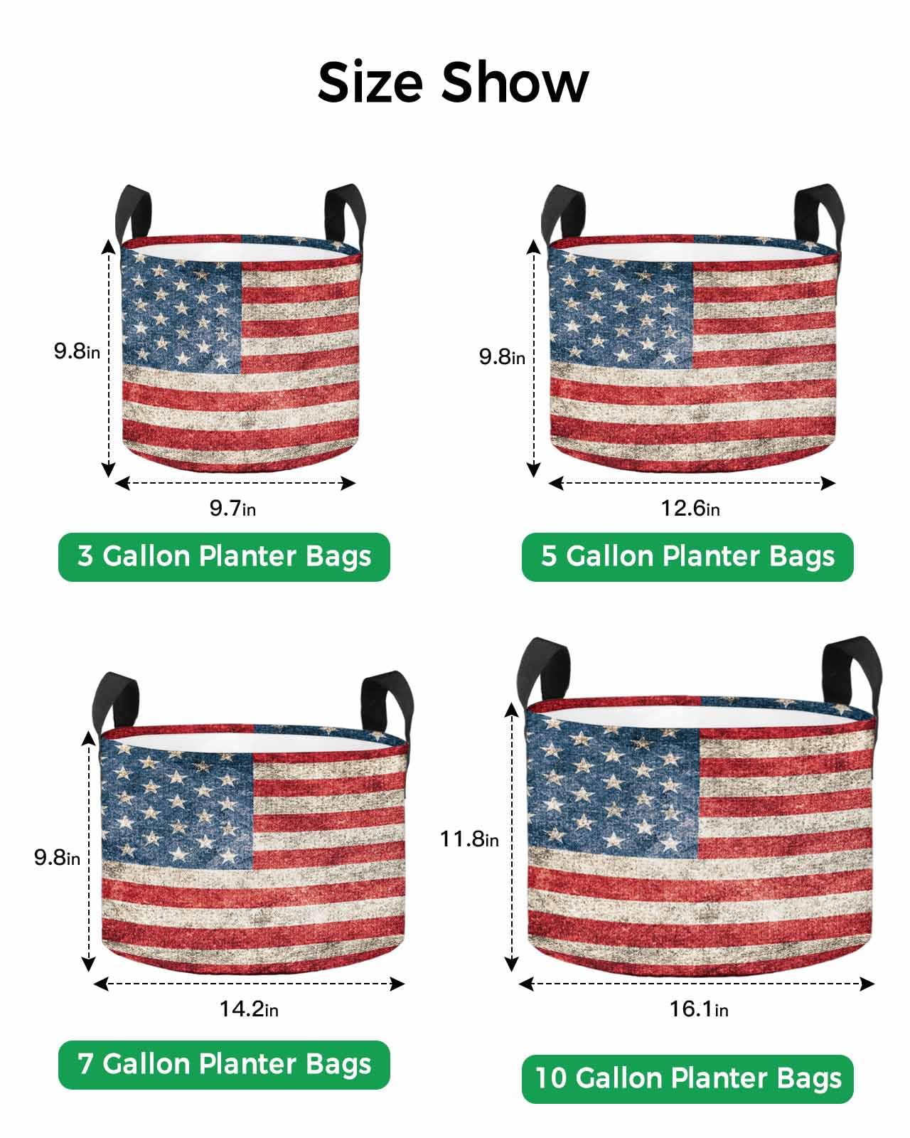 Sacs de culture de 5 gallons - Sac de plantation vintage - Drapeau américain - En tissu à rayures rouges - Avec poignée - Sac de culture pour légumes, pommes de terre, tomates, étoile patriotique sur