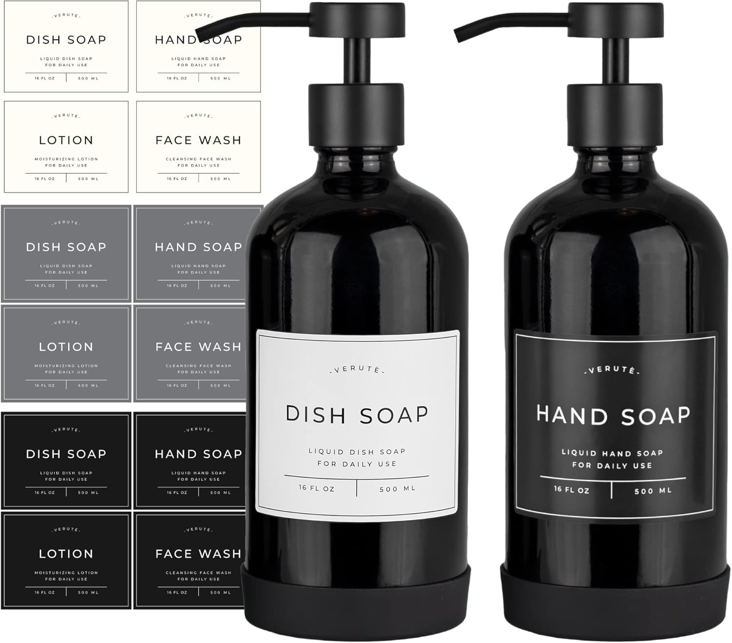 Verute 16oz Glass Soap Dispenser with Stainless Steel Pump, 12 Waterproof Labels and