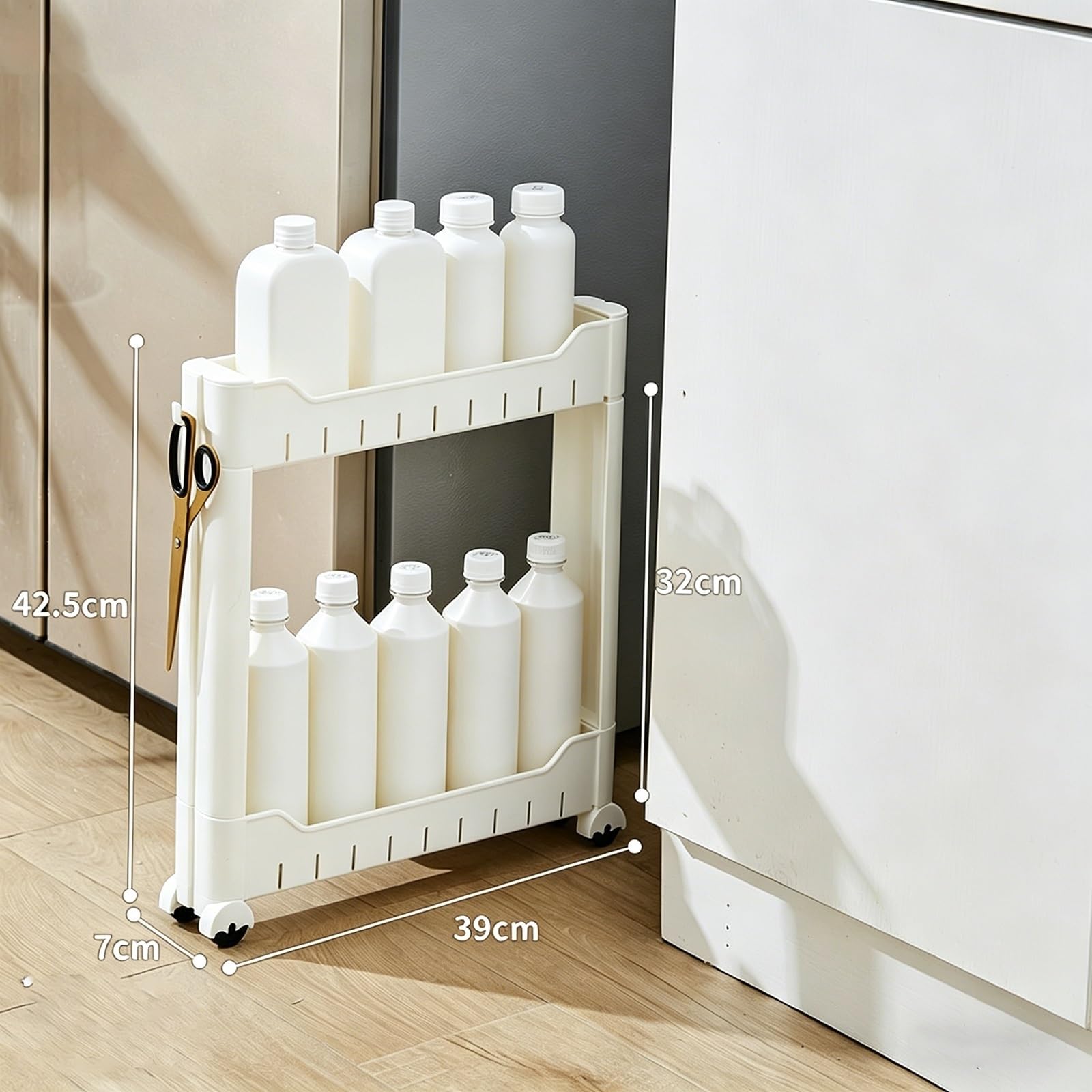 Carrello Portaoggetti Stretto, Mobiletto Bagno Salvaspazio, Carrellino Cucina per Spazi Stretti, Scaffale Multiuso Mobile per Lavanderia con Ruote(39x7x42.5cm)