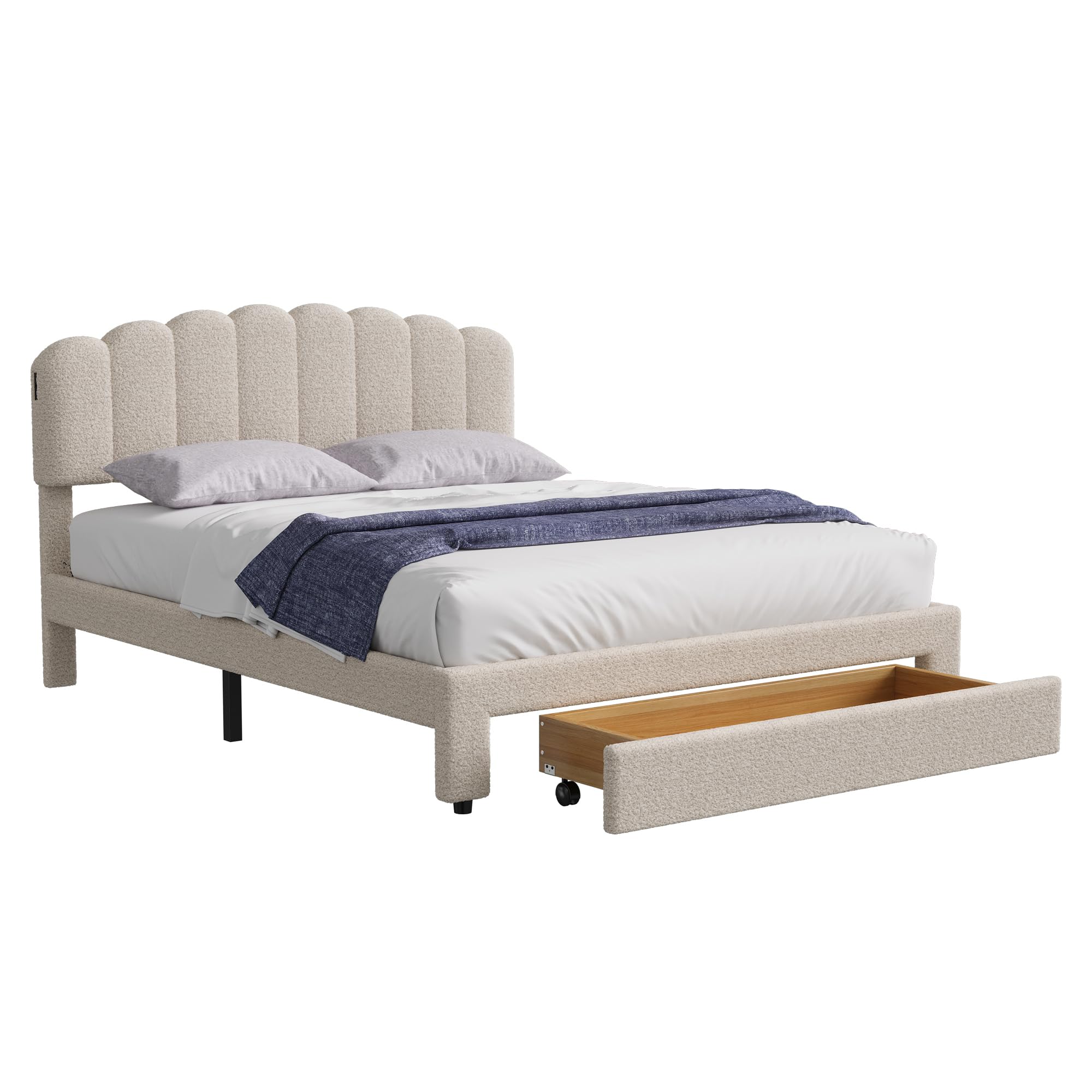 Letto imbottito 140 x 200 cm, letto matrimoniale con 1 cassetto e rete a doghe, testiera regolabile in altezza con funzione di ricarica USB-C – Letto per riporre lo schienale del letto, Teddy