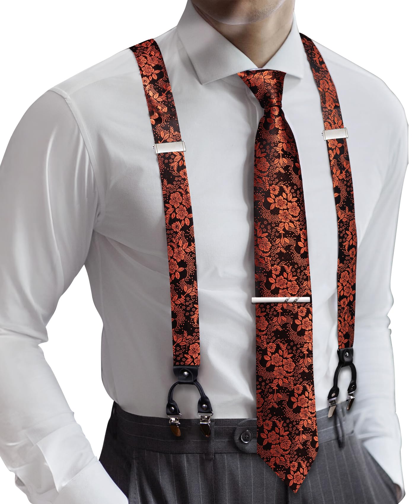 Barry.Wang Men Suspender Tie Sets Elastic Heavy 6 Clips Hanky Cufflink 5PCS | Classic Suspender Set for Man Necktie Y Type Adjustable Heavy Duty 6 Clips Braces Pocket Square Cufflinks Party