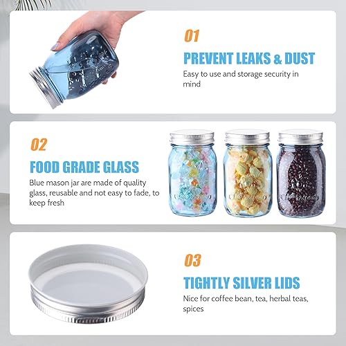 Miniatura 3 de Yaomiao Paquete de 12 tarros azules con tapas, 16 onzas, boca regular, tarros de conservas vintage, herméticos a granel, multifuncionales, para