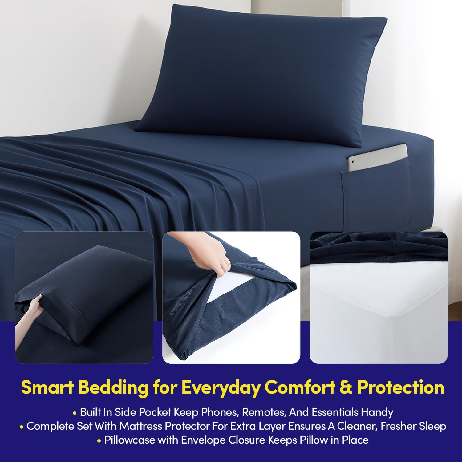 Dorm Room Essentials Twin XL Comforter Set – College-Ready Bundle with Comforter, Mattress Protector & Sheets with Pockets on the Side & Built-in Corner Strap – Media Pocket for Devices