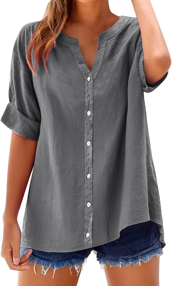 Linen Shirts for Women 2025 Summer Cotton Short Sleeve Button Down Blouses Casual Oversized Solid Color Tunic Tops