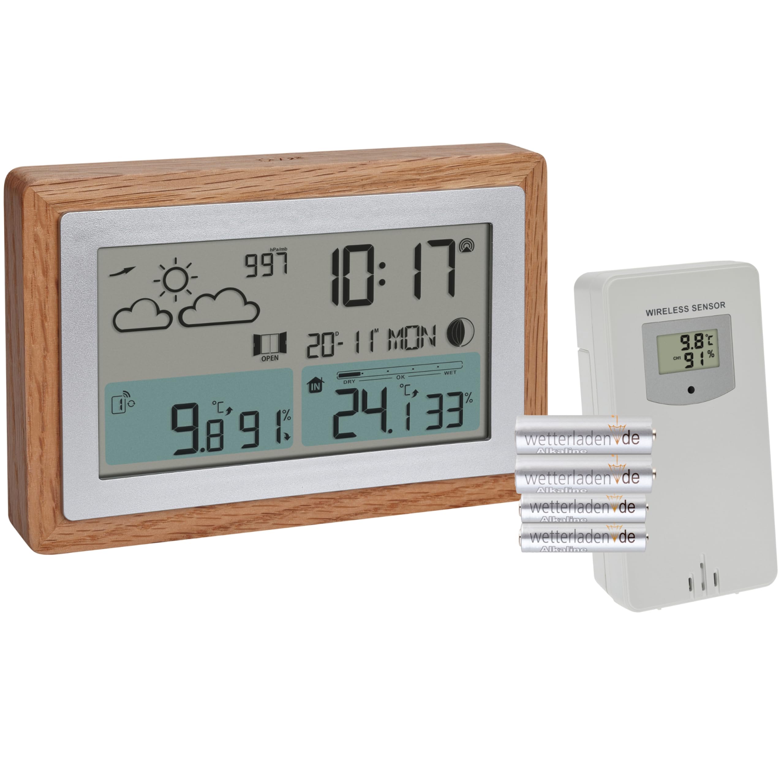 TFA Dostmann Oak 35.1167 Station météo sans fil avec capteur extérieur et cadre en bois, température intérieure et extérieure, avec recommandation de ventilation, intensité variable, horloge