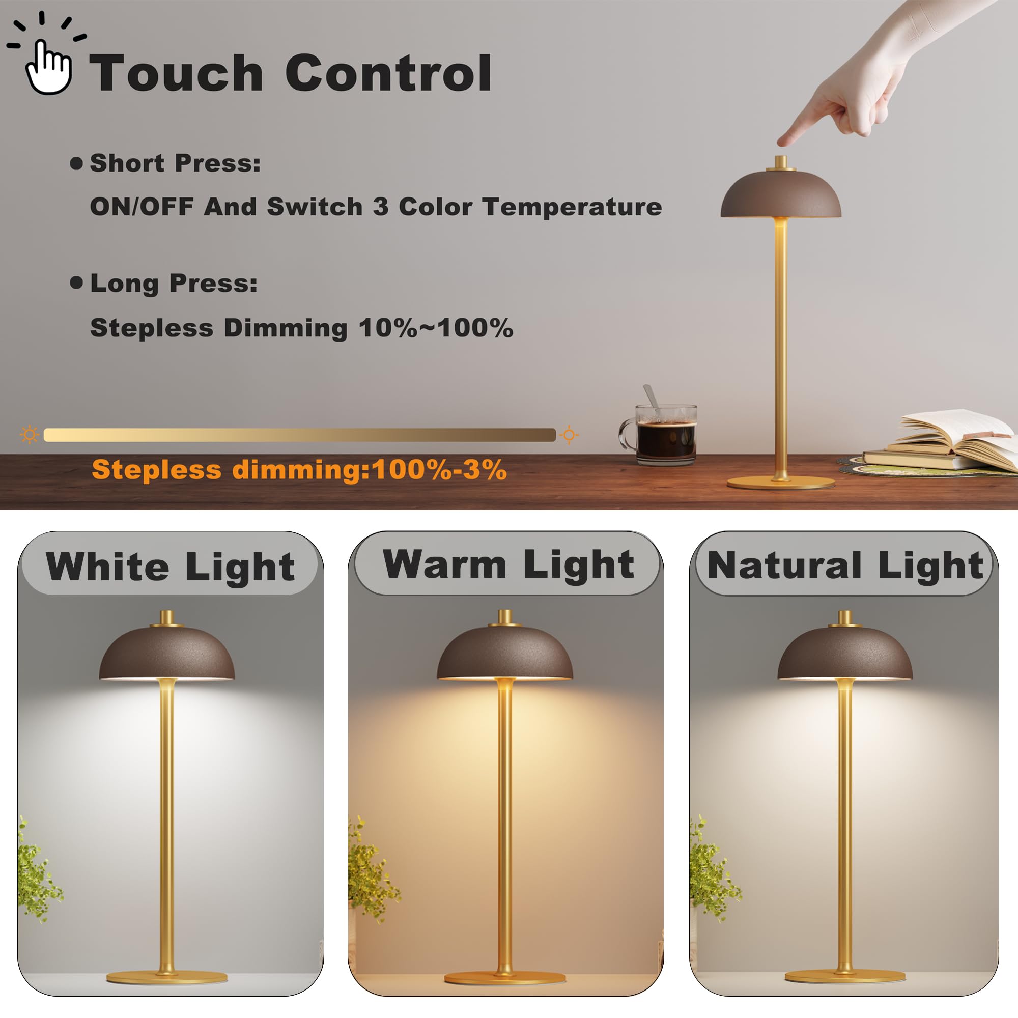 Wiederaufladbare kabellose Tischlampe – 5000 mAh batteriebetriebene Lampe, 3 Farben stufenlose Dimmung LED-Tischleuchte für den Innen- und Außenbereich – perfekt für Abendessen, Terrasse, Café