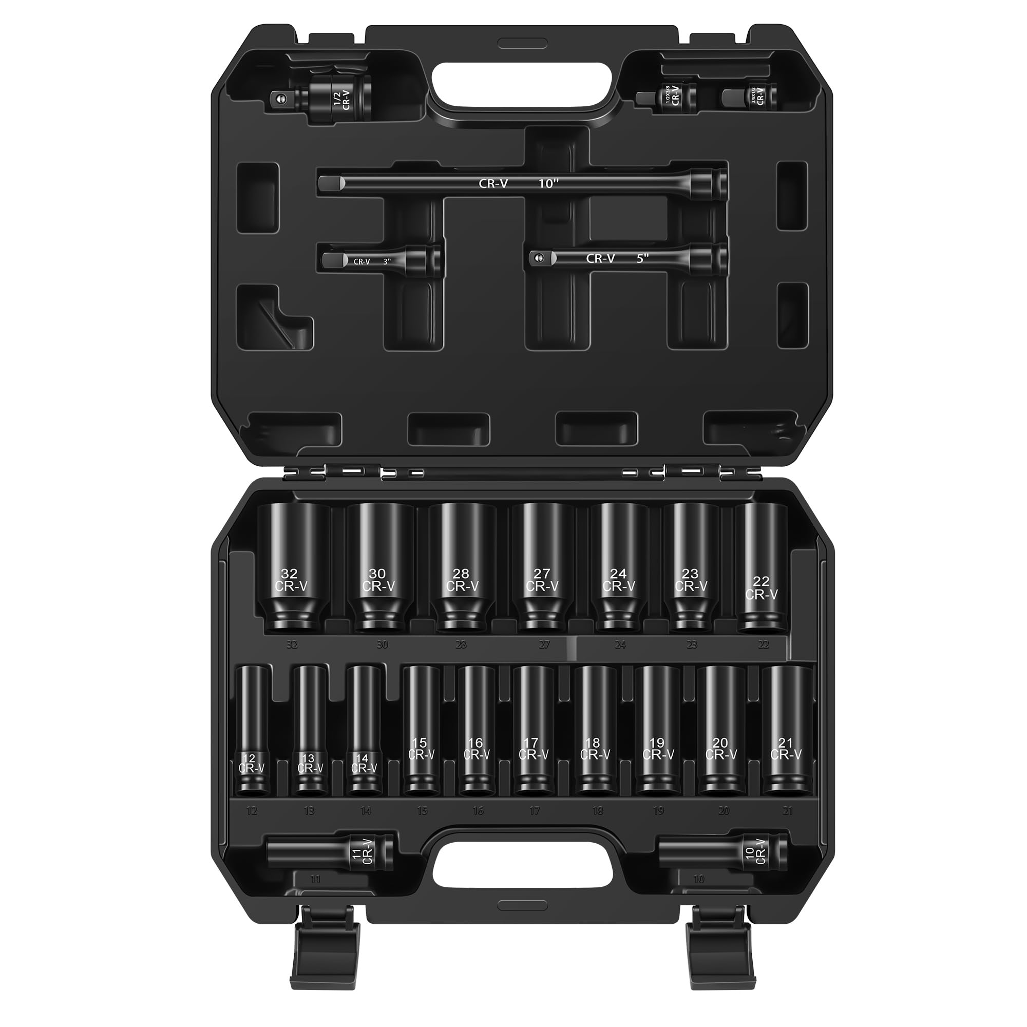 Reniteco 25-Piece 1/2" Drive Socket Set, Metric(10mm-32mm), Deep Sockets, Extension Bars, 1/2" F to 3/8" M Reducer,3/8" F to 1/2" M Reducer, Universal