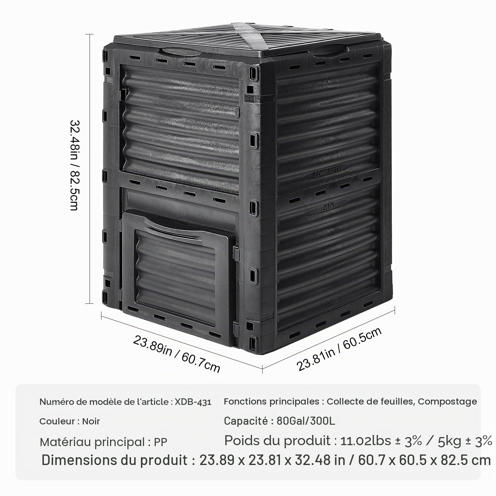 VEVOR Composteur de Jardin 300 L Bac à Compost Extérieur sans BPA avec Couvercle Porte Inférieure Grande Capacité Facile à Installer pour Collecte des Feuilles Compostage Création Rapide Sol Fertile