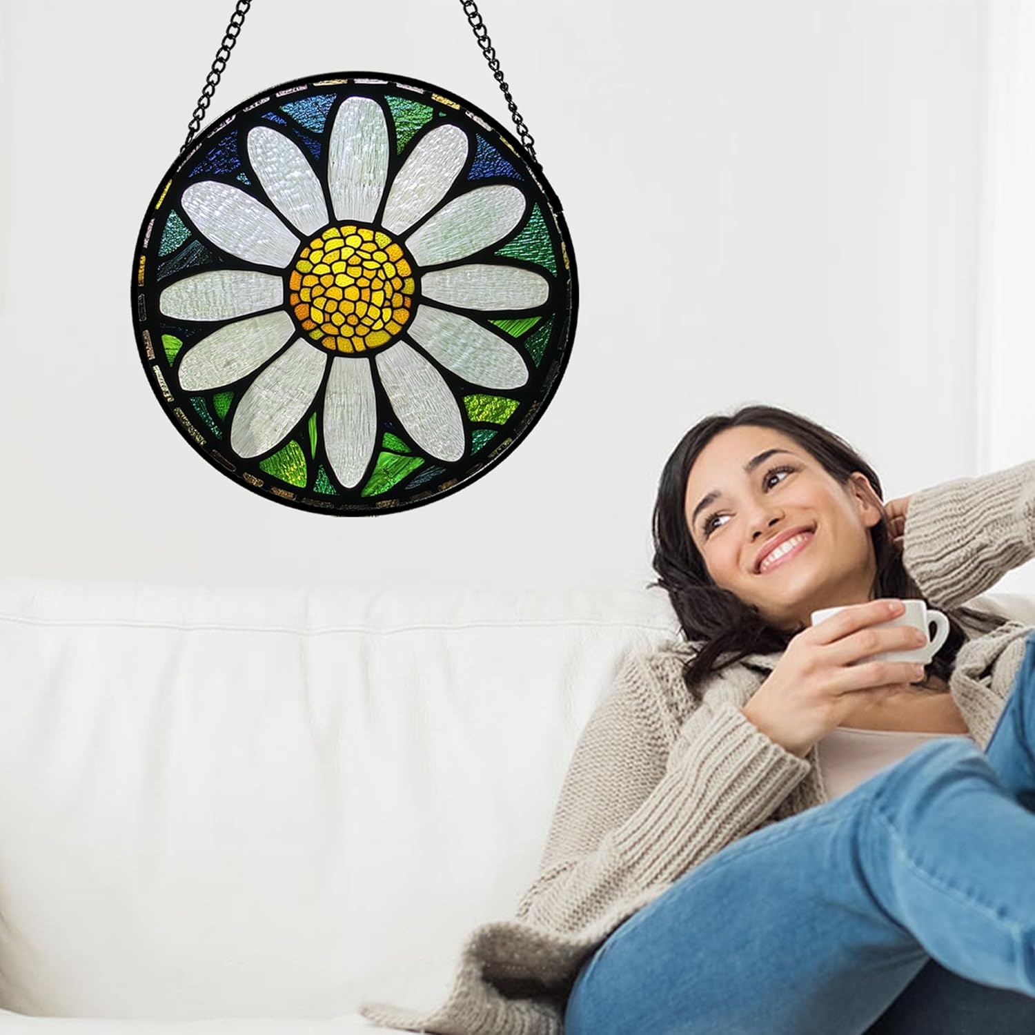 Stained Glass Window Hanging - White Daisy Birth Flower Suncatcher for Door Garden Yard Sun Catchers Decor Christmas Mother's Day Birthday Gifts for Teacher Women Mom Grandmother 6.3 in