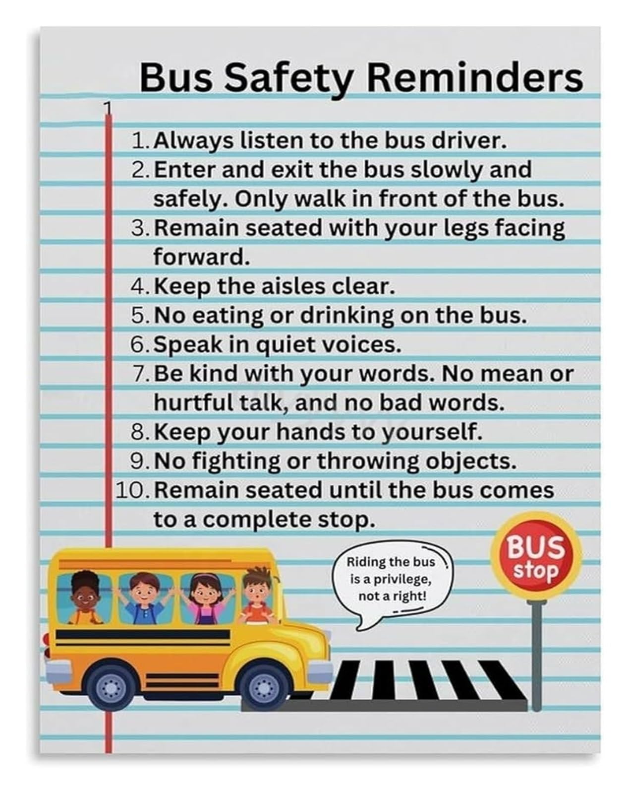 MDBJTCYZN Educational Poster School Bus Rules for Canvas Wall Decor for Homeschool Room(Unframed,12x18inch(30x45cm))