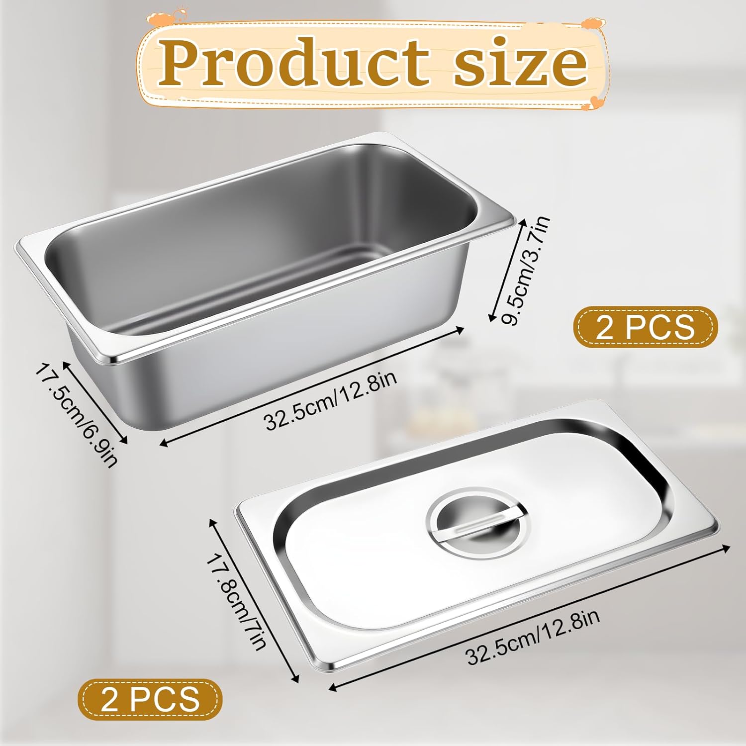 2 Pack Stainless Steel Hotel Pans 1/3 Size 3.75 Inch Deep Steam Table Hotel Pans with Lid Food Service Pan Catering Food Storage Metal Pan - Image 2