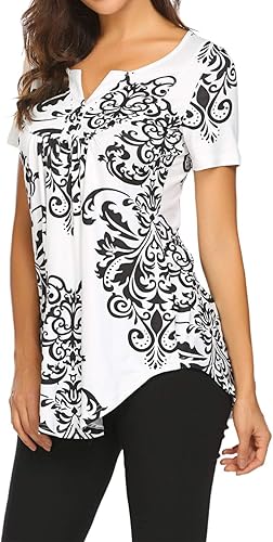 Miniatura 2 de Blusón plisado de manga corta con estampado floral y cuello Henley en V para mujer, con vuelo.
