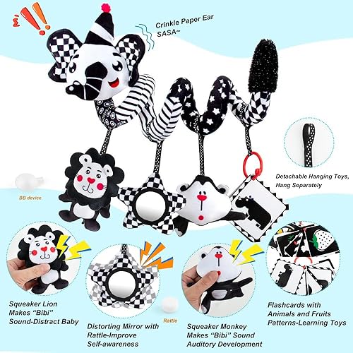 Miniatura 2 de Juguetes de asiento de automóvil para bebé, juguete de cochecito blanco y negro, juguetes de bebé de 0 a 3 meses, juguete de felpa en espiral con