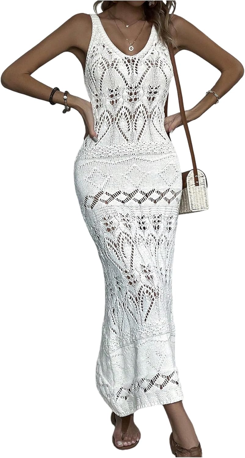 Verdusa Women's Boho Hollow Out Crochet Beach Cover Up Sheer Maxi Tank Dresses Vacation Outfits