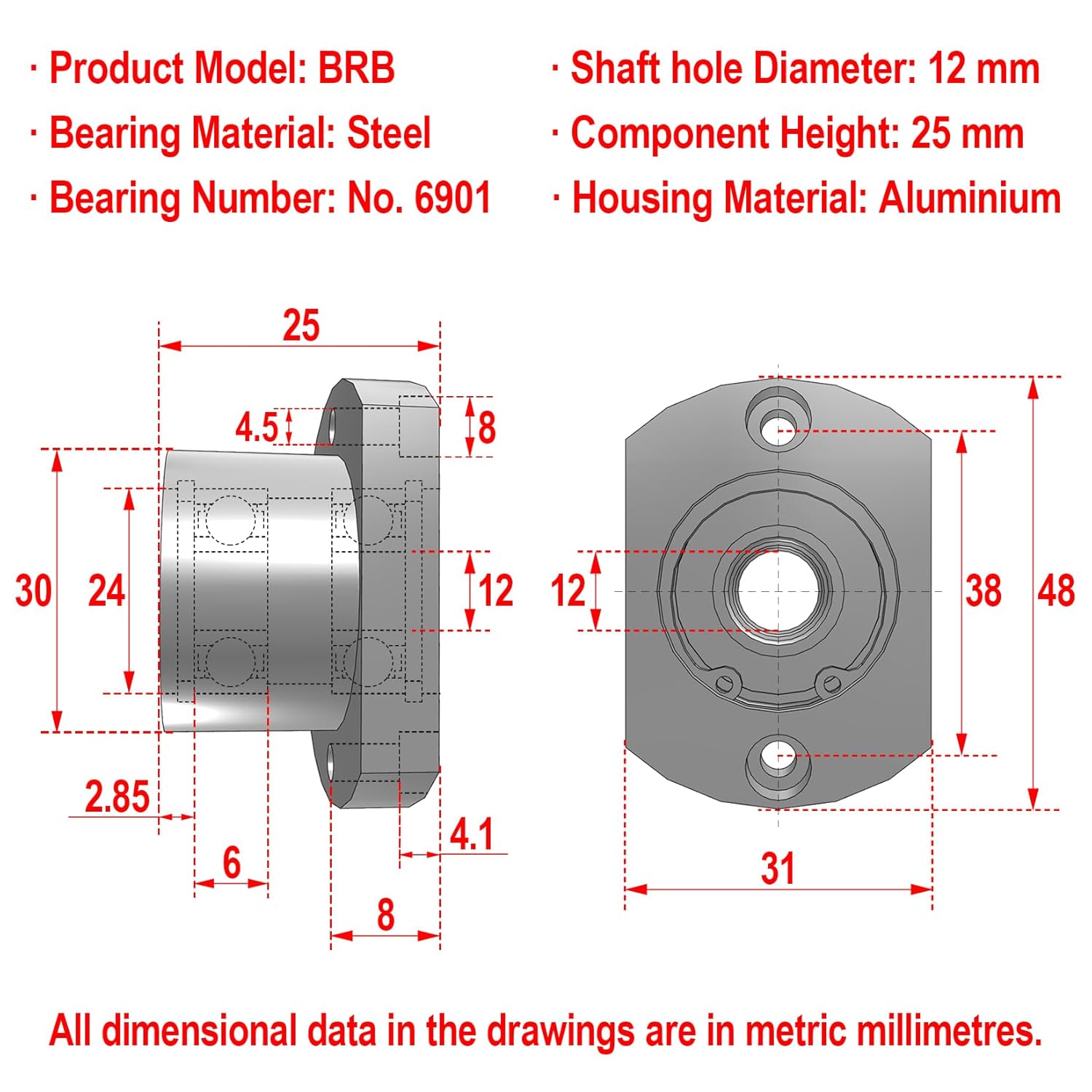 AUZHU- BRC - Metric- Double Bearings with Housing, Aluminium Alloy Round Flange Seat, Configurable Length, Deep Groove Ball Bearings with Retaining Ring Size: D 12 mm, L 25 mm, Bearing No.6901