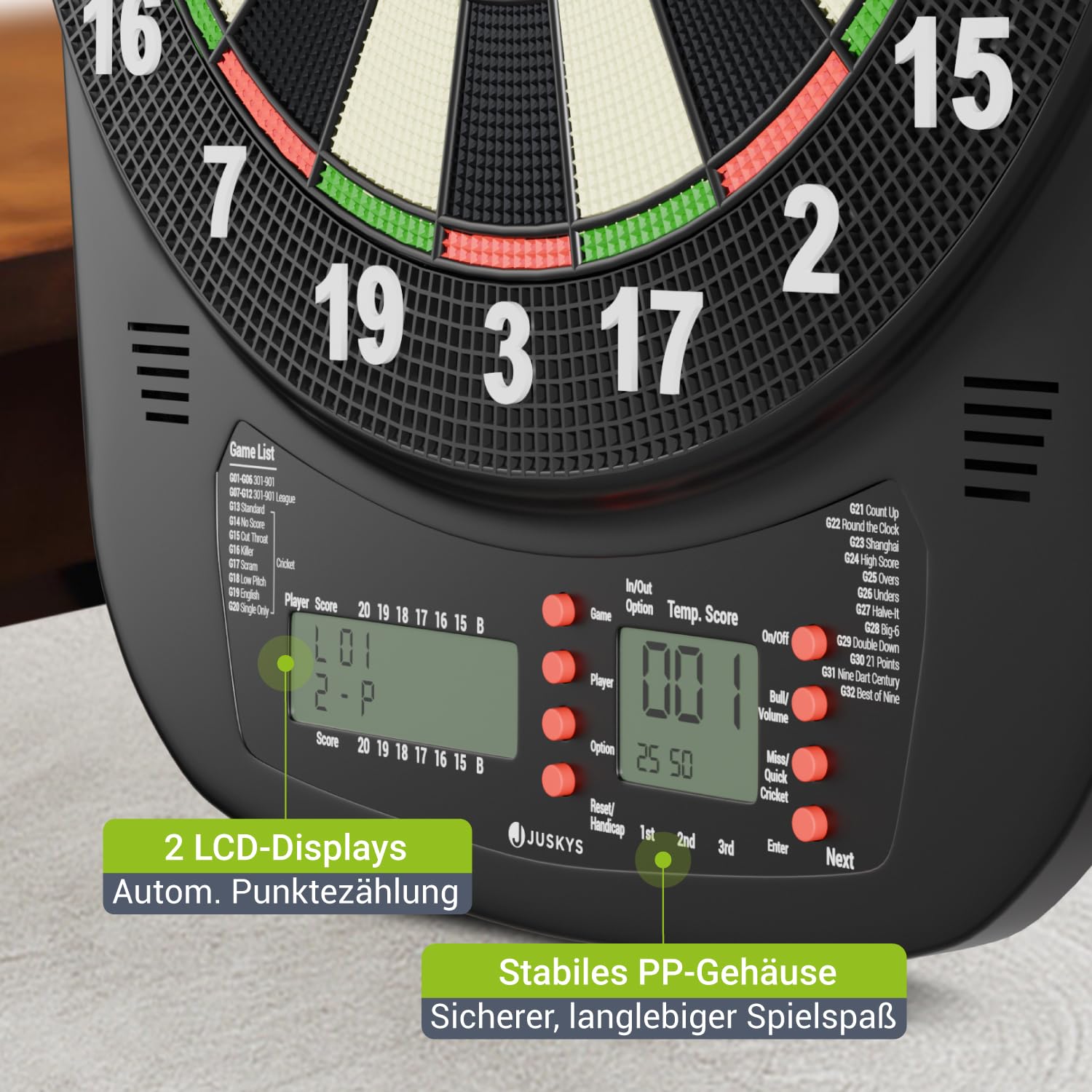 Juskys Elektronische Dartscheibe mit 32 Spielen & 359 Varianten, LCD-Display, USB-C, Pfeile & Zubehör, für bis zu 8 Spieler, Netz- & Batteriebetrieb