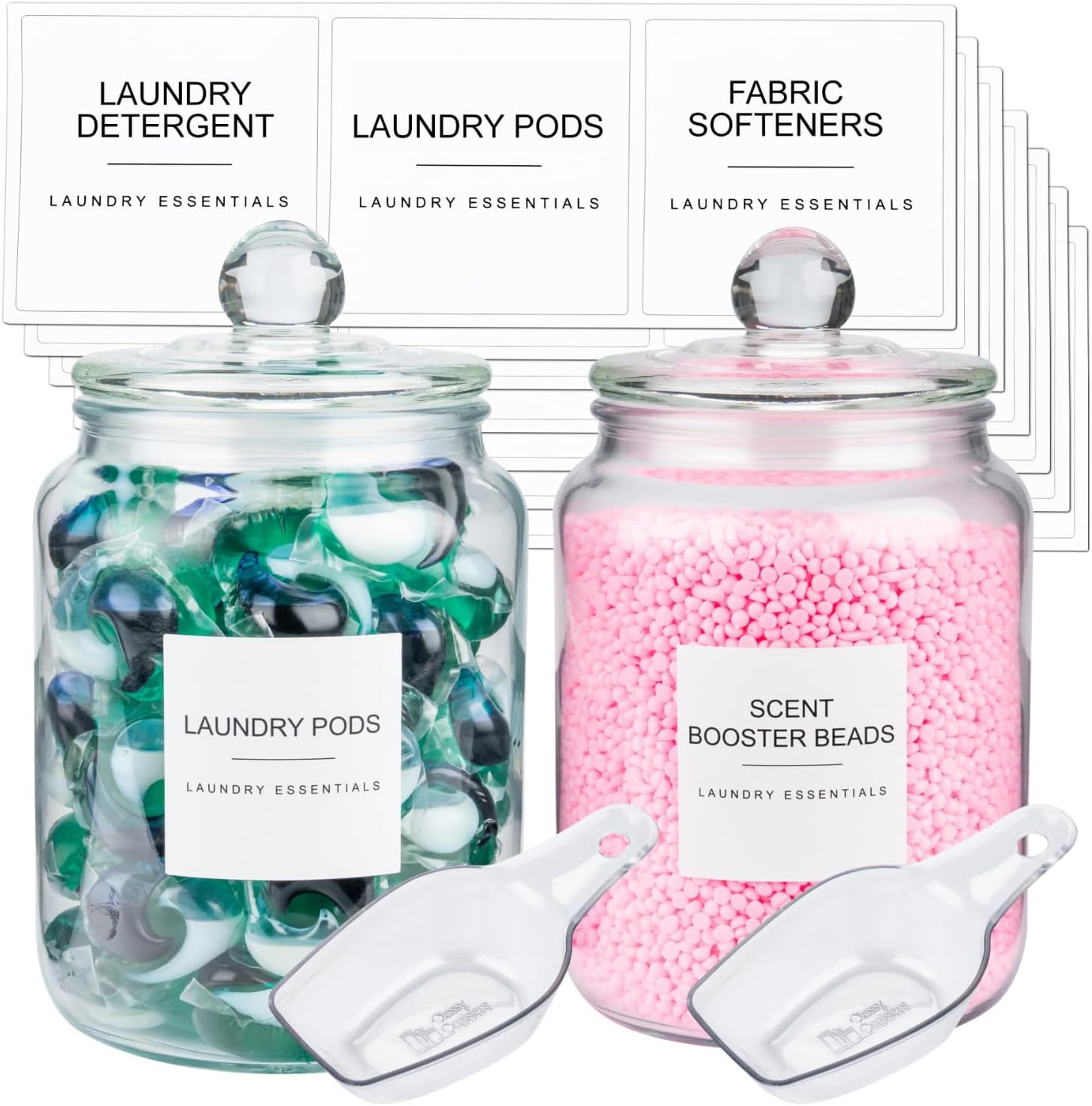 2-Pack Half Gallon Glass Storage Jars with Airtight Lids - Laundry Room Organization Containers with 21 Labels and 2 Scoops - For Laundry Detergent