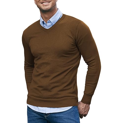 COOFANDY Men Casual V Neck Sweater Ribbed Knit Slim Fit Long Sleeve Pullover Top