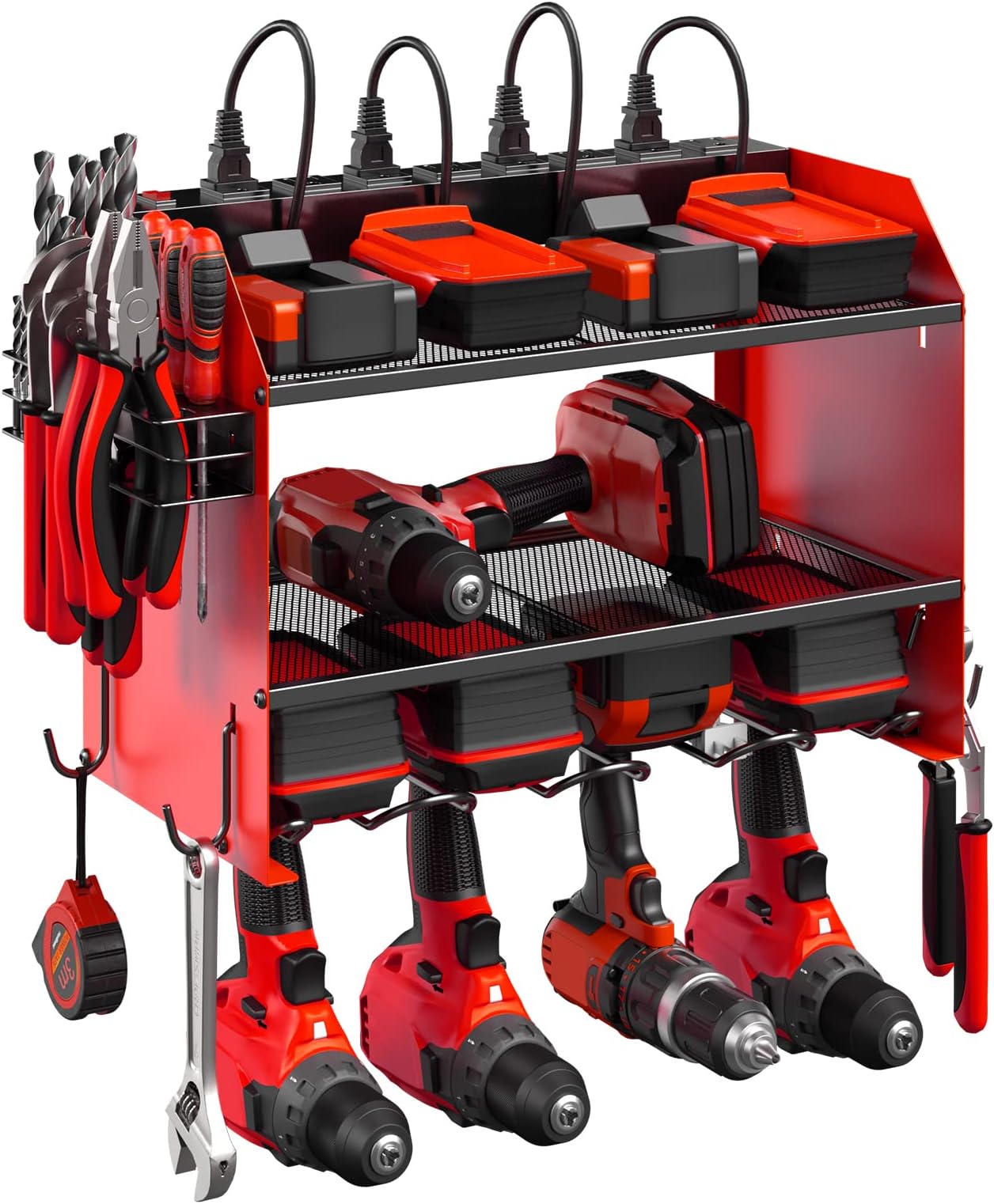 - CCCEI Modular Power Tool Organizer Wall Mount with Charging Station. Garage Drill Storage Shelf with Hooks, Heavy Duty Rack, Tool Battery Holder Built in 8 Outlet. Gift for Men. Red, 1 Pack.