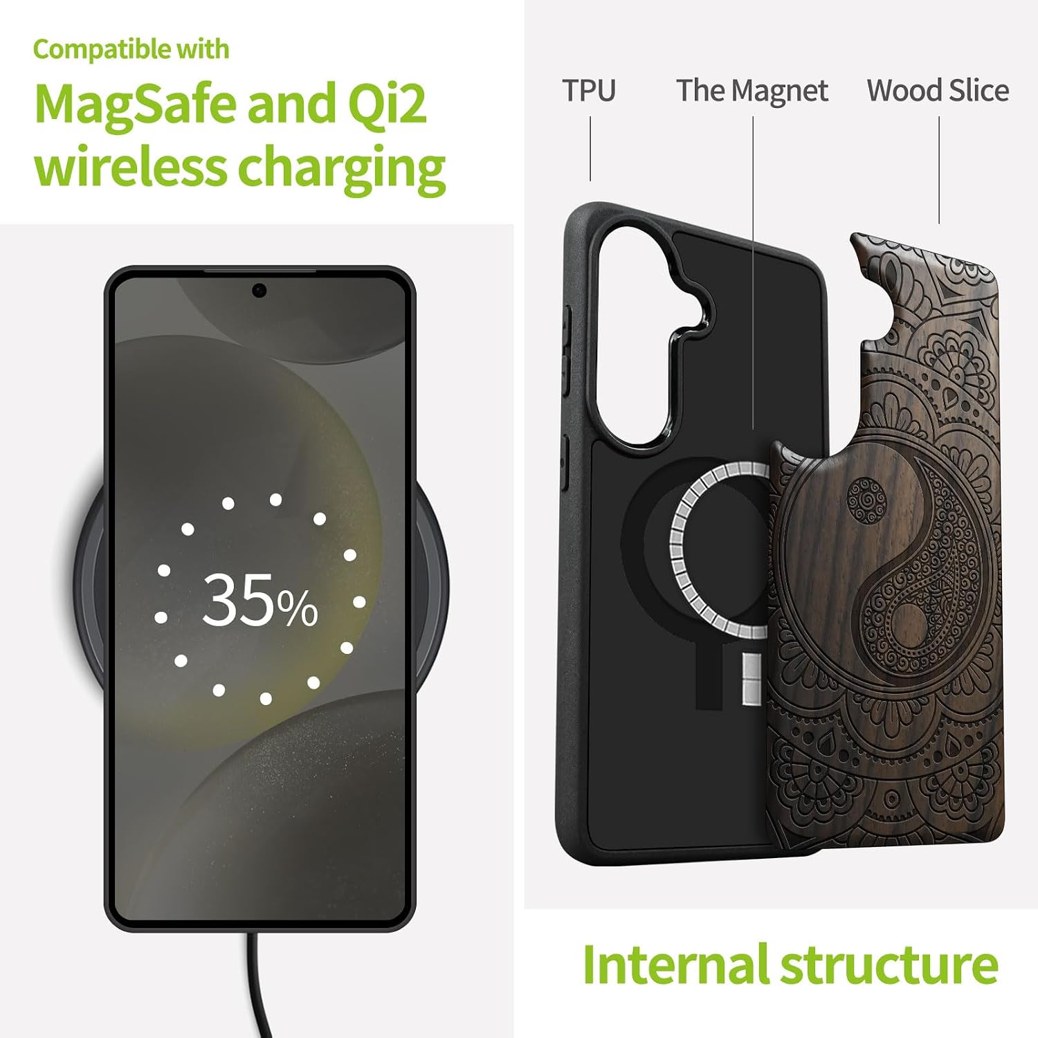 Carveit Magnetic Wooden Case for Samsung Galaxy S26 Case 2026, TPU Shockproof Cover & Wood Artisan Engraved, Compatible with MagSafe Wireless Chargers (The Yin-Yang Mandala) Blackwood