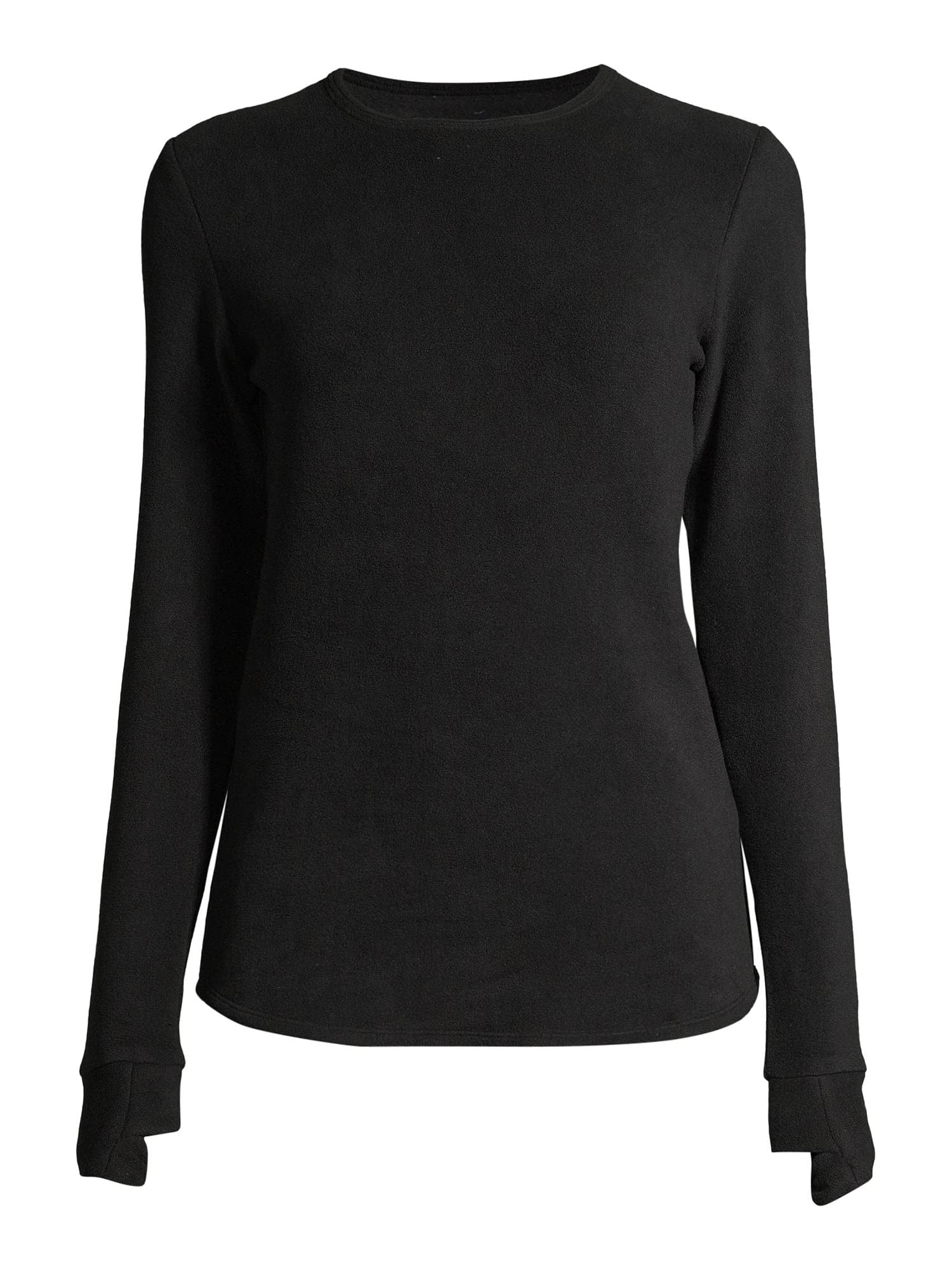 Women's Long-Sleeve Stretch Fleece Base Layer Crewneck Thermal Top with Cuff Thumbhole (Black)